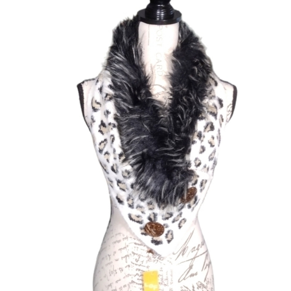 Faux Fur & Leopard Print Collar Wrap Scarf NWT